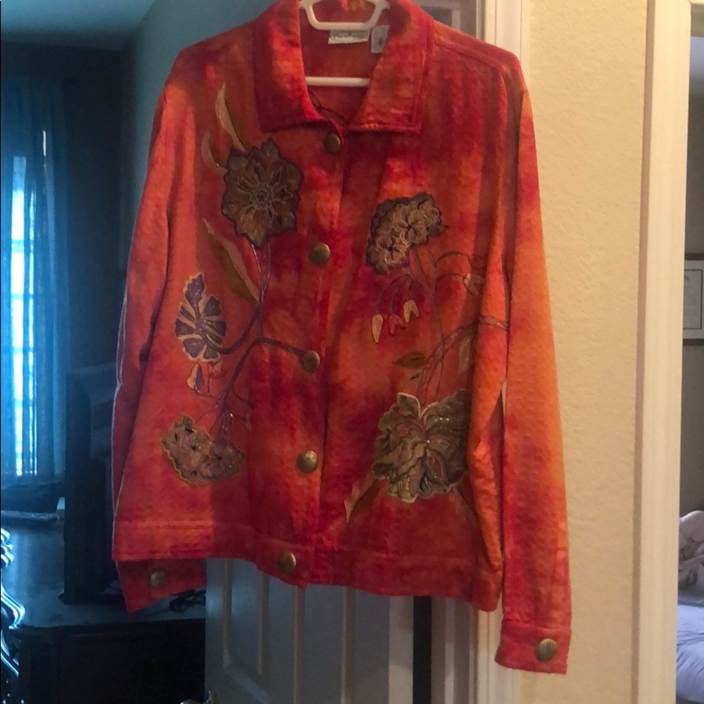 Orange  and red embroidered flower jacket.